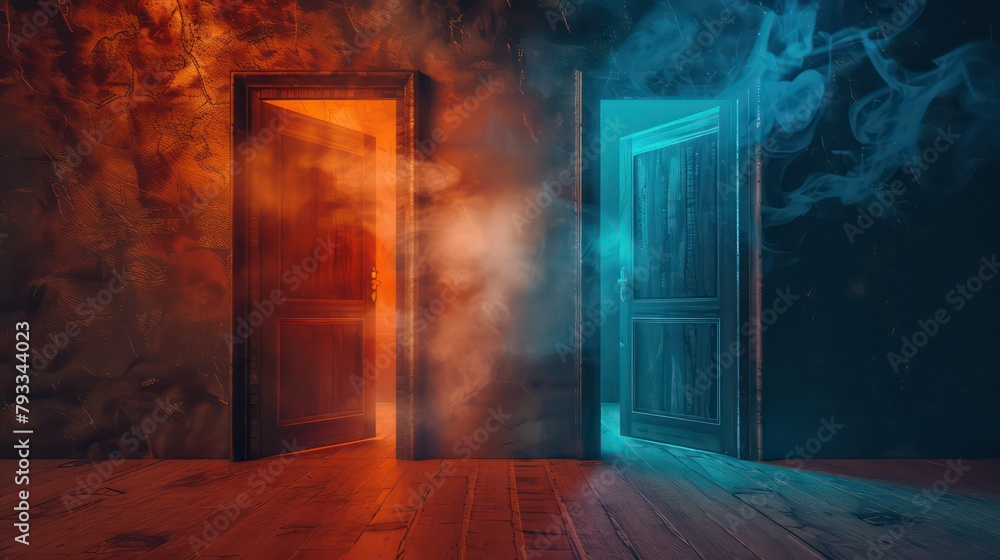 Choosing path. Two doors with smoke and light. Life's choice concept