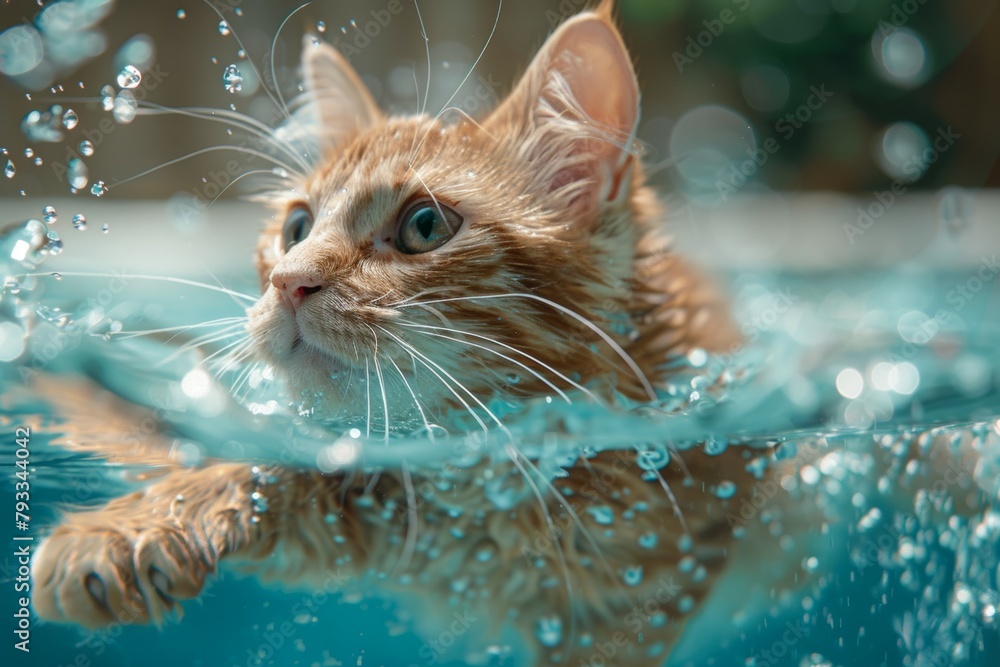 A cat is swimming in a pool of water. Summer heat concept, backdrop