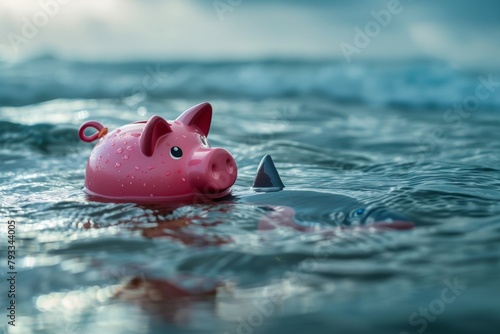 The piggy bank swims in the sea with sharks. Financial crisis concept. Backdrop with selective focus and copy space