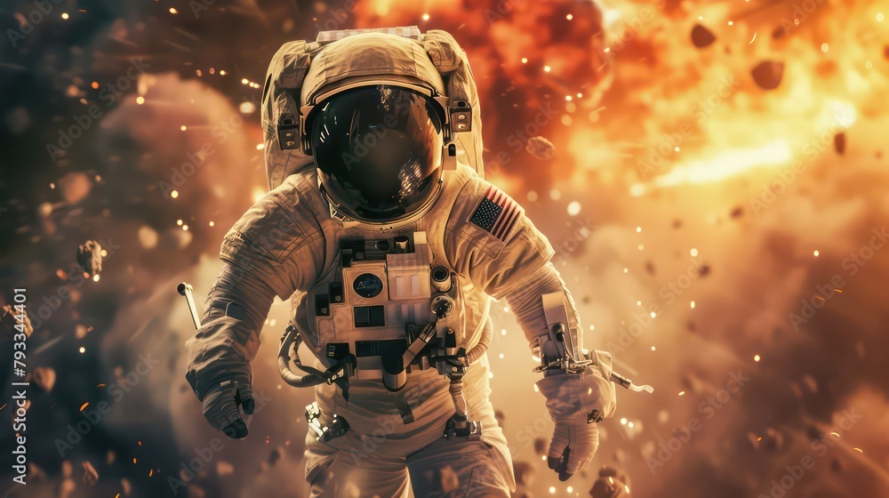 Fototapeta premium Astronaut floating in space in front of exploding sun 3D rendering
