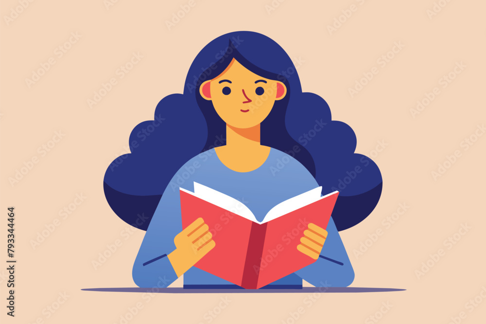A woman sitting down, focusing on reading a book, woman reading a book, Simple and minimalist flat Vector Illustration