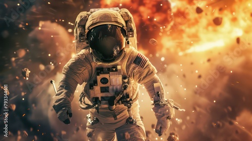 Astronaut floating in space in front of exploding sun 3D rendering