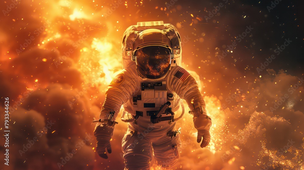 Fototapeta premium Astronaut floating in space in front of exploding sun. 3D rendering