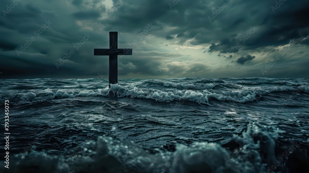 Cross in the sea with stormy sky Cross in the sea with stormy sky