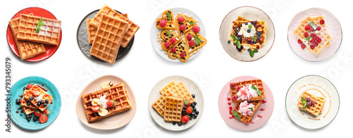 Collage of plates with tasty Belgian waffles on white background, top view