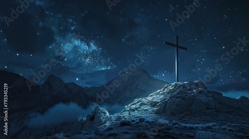 Cross on the mountain at night photo