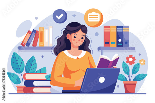 A woman sits at a desk in front of a laptop computer, engaged in online reading activities, woman reading book onlie concept online library, Simple and minimalist flat Vector Illustration