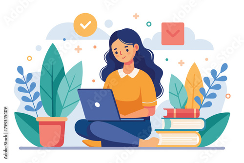 A woman sitting on the floor, focused on using a laptop, woman reading book online, Simple and minimalist flat Vector Illustration