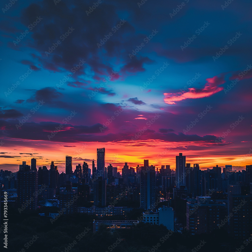 Serene cityscape captured at sunset highlighting urban silhouettes