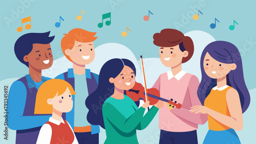 A group of friends huddle together excitedly watching their classmate perform on the violin for the first time the sweet melodies filling the
