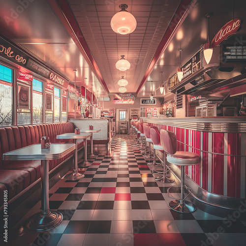 Bustling 1950s diner scene with patrons enjoying classic American meals