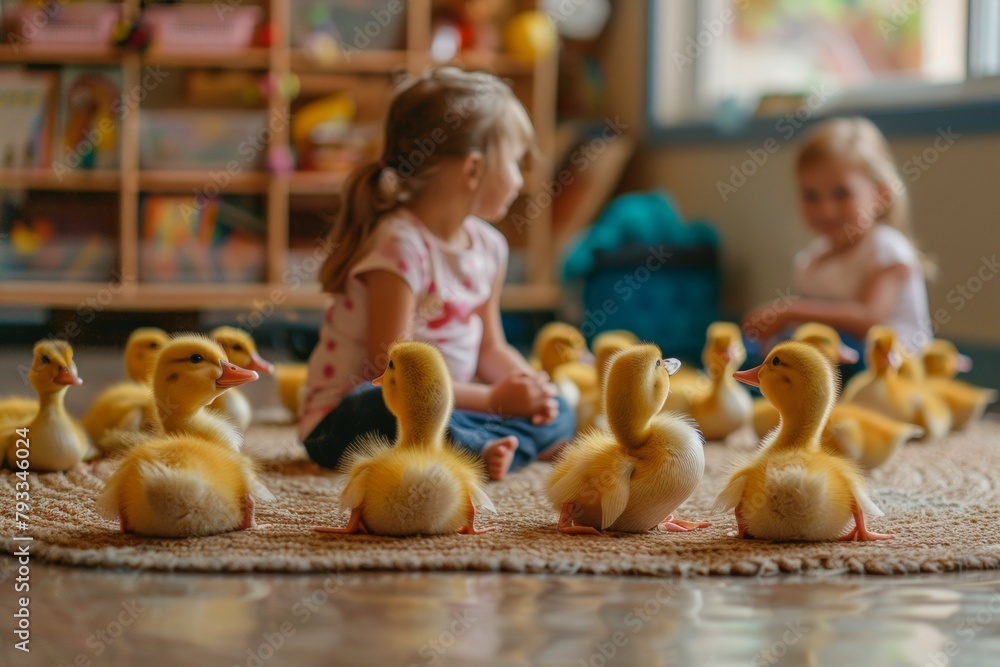 Fototapeta premium Ducklings in kindergarten. Backdrop with selective focus and copy space
