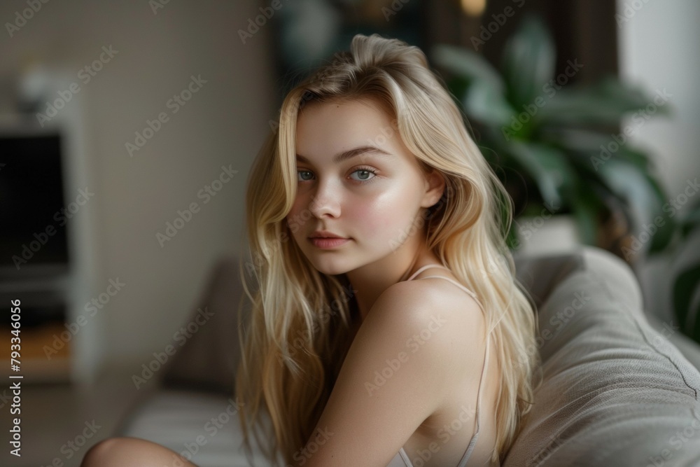 A blonde woman is sitting on a couch with her head tilted to the side. Home comfort concept