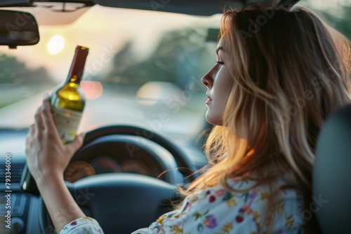 A woman driving with a bottle of alcohol. Drunk driving concept. Backdrop with selective focus and copy space photo