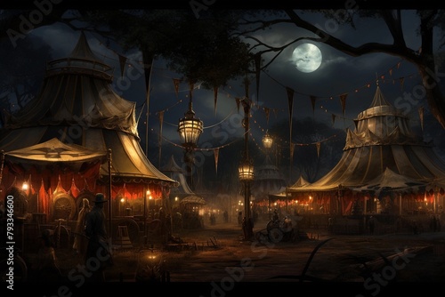 Steampunk Circus Under Gas Lamps at Night