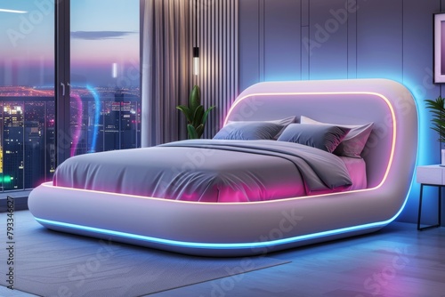 Vibrant Bedroom Automation and Restorative Furniture Enhance Sleep Wellness: Streamlined Home Decor with Ambient Cushioning and Lumbar Support.