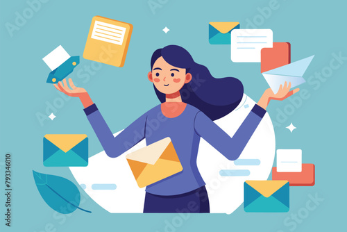 A woman holding a collection of envelopes and a smartphone, likely managing communication and correspondence, Woman sending letters and files, Simple and minimalist flat Vector Illustration