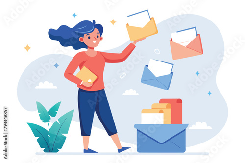 A woman holding an envelope and a letter in her hands, Woman sending letters and files, Simple and minimalist flat Vector Illustration