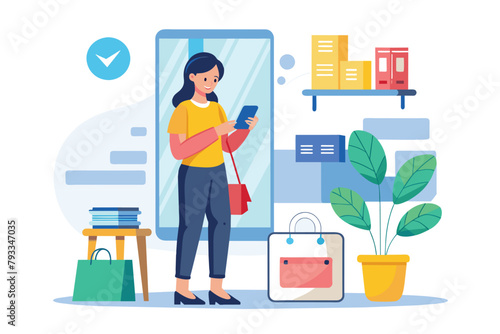 A woman standing in front of a mirror, looking at her cell phone screen, woman shopping at home via mobile phone, Simple and minimalist flat Vector Illustration