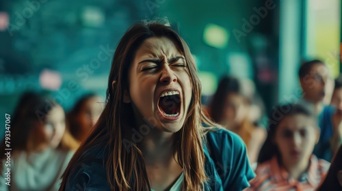 Educational concept theme, portrait of the angry teacher woman yells at students emotionally expressing dissatisfaction about the performance of the group class team photo