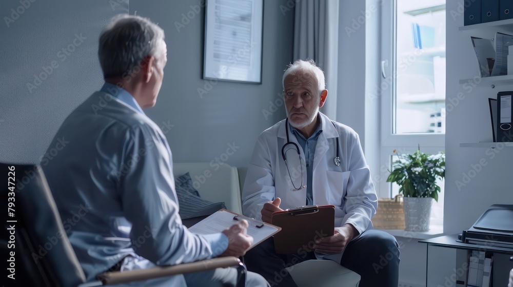 Faceless view of senior man talking to doctor in bright light while taking notes on clipboard Faceless view of senior man talking to doctor in bright light while taking notes on clipboard