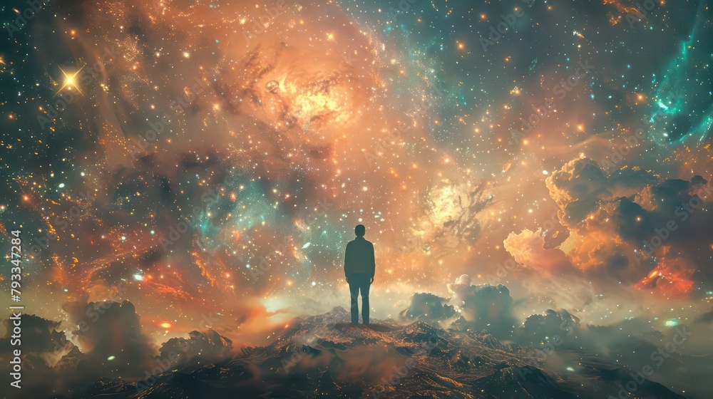 Faith. Man standing in surreal space