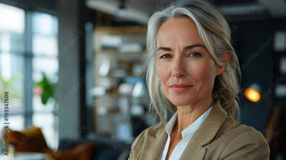 A confident mature businesswoman with grey hair looking at the camera in an office environment. A confident mature businesswoman with grey hair looking at the camera in an office environment.