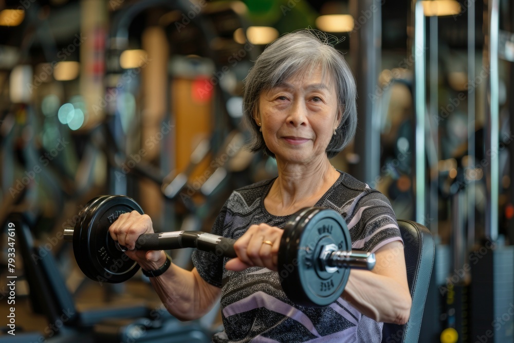 Obraz premium Elder asian woman happily lifting dumbbells, staying fit at a fully equipped gym