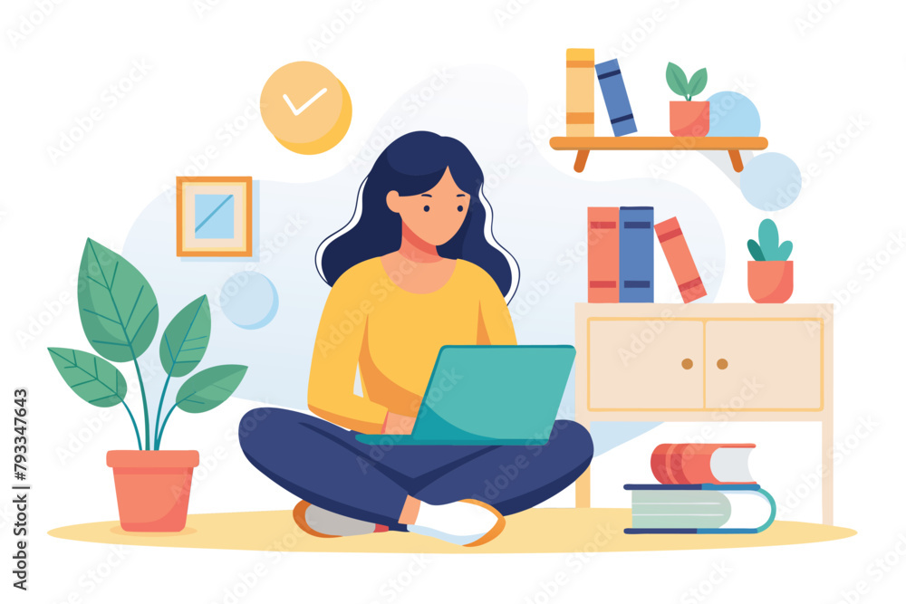 A woman sitting on the floor, focused on her laptop screen while working, Woman sitting at home and taking part in online learning, Simple and minimalist flat Vector Illustration A woman sitting on the floor, focused on her laptop screen while working, Woman sitting at home and taking part in online learning, Simple and minimalist flat Vector Illustration