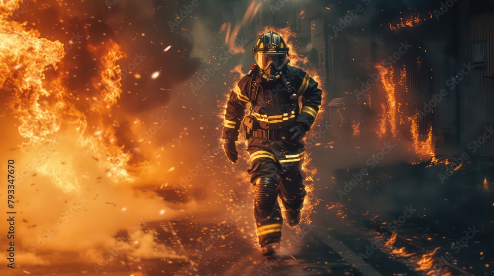 Fototapeta premium Firefighter runs to the fire