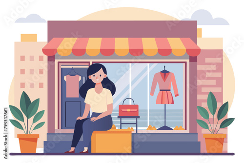 A woman in casual clothing sits on a wooden bench in front of a fashion store, looking at her phone, Woman sitting in front of her fashion shop, Simple and minimalist flat Vector Illustration