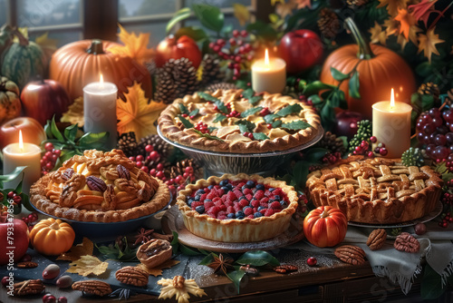autumn harvest themed thanksgiving pies with festive decorations and candles