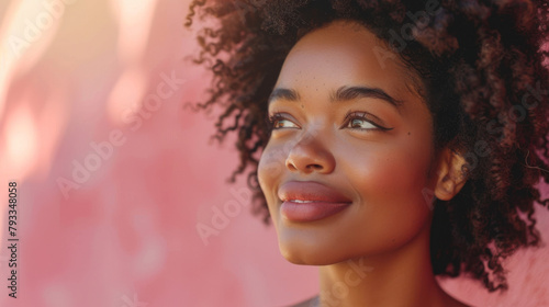 Radiant young woman with flawless skin looking away with a gentle smile against a soft pink background.