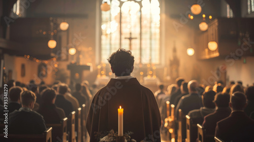 A priest stands before a congregation in a sunlit church, leading a service with solemnity.