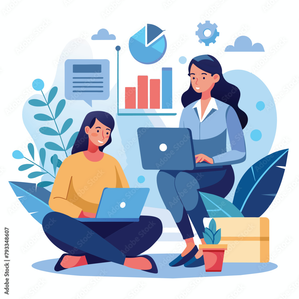 Two women engaged in work, sitting on the floor with laptops in front of them, focused and productive, Woman sitting with data analyst and laptop, Simple and minimalist flat Vector Illustration Two women engaged in work, sitting on the floor with laptops in front of them, focused and productive, Woman sitting with data analyst and laptop, Simple and minimalist flat Vector Illustration