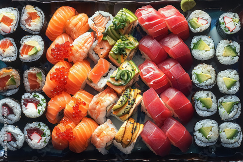 assorted sushi platter with a variety of rolls and sashimi for japanese cuisine connoisseurs photo