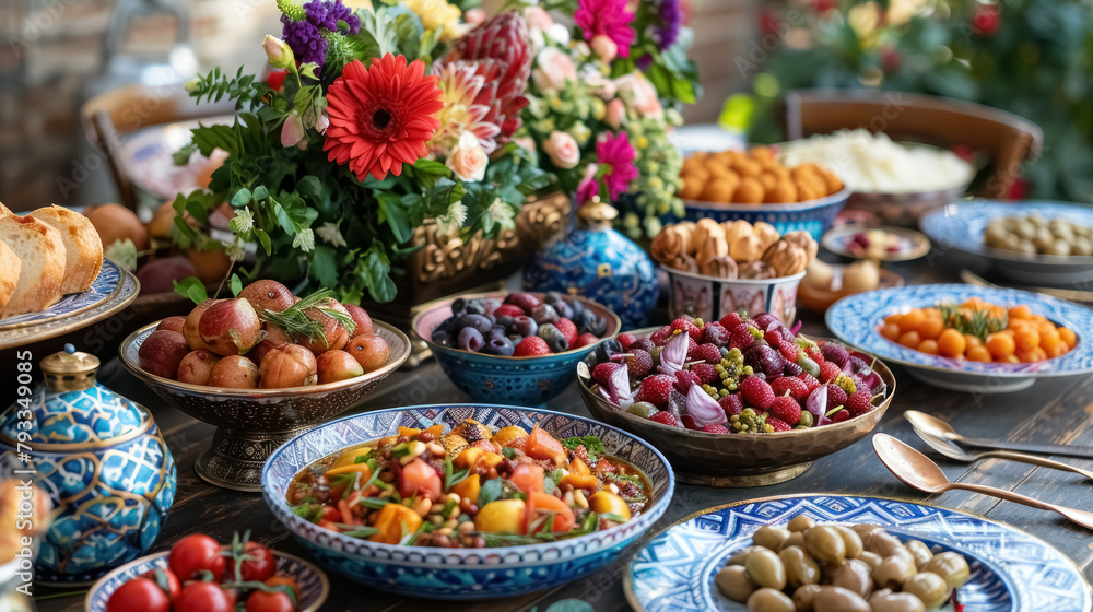 elegant spread of party celebration food with colorful flowers and fruits