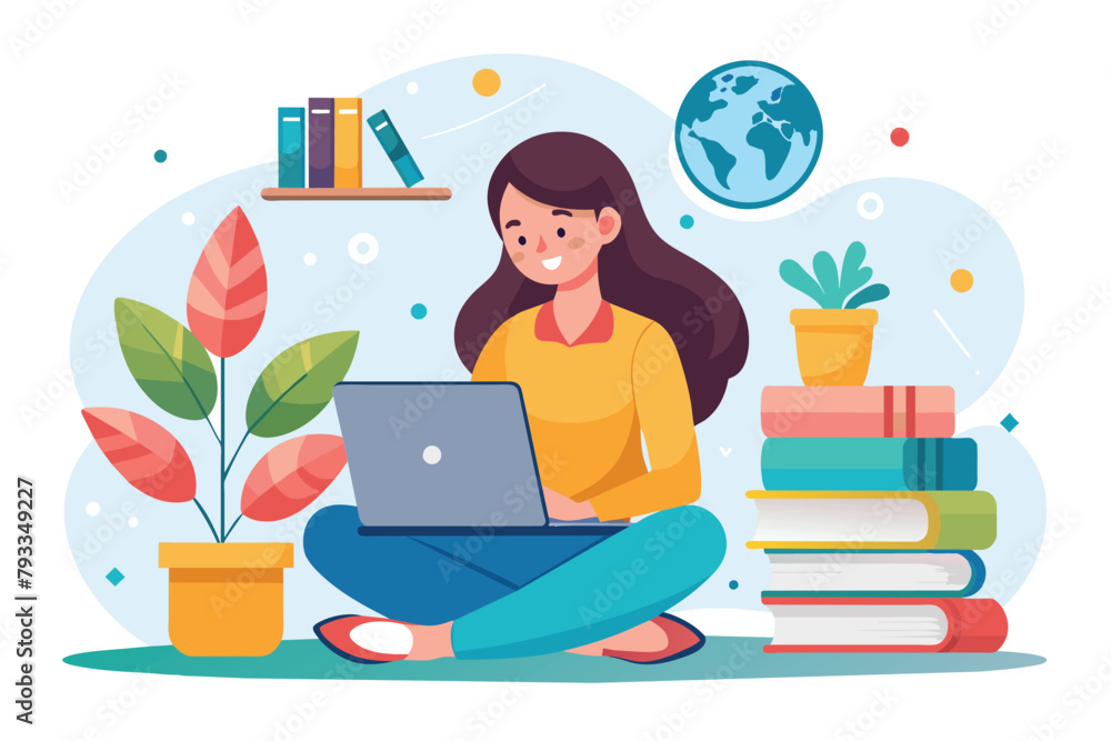 Woman sitting on floor using laptop for online education concept, woman sitting with laptop,online education concept distance learningconcept flat illustration Woman sitting on floor using laptop for online education concept, woman sitting with laptop,online education concept distance learningconcept flat illustration