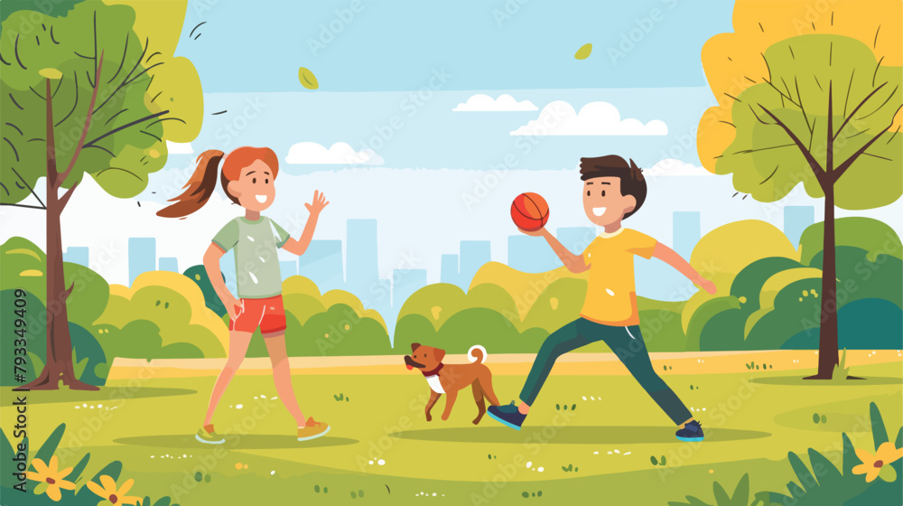Boy girl and dog play ball in the park. Vector flat 
