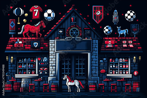 IA Illustration . Night retro style Sports house colors and black background. Time to play. Sports betting concept. Full color logos: Football, basketball, baseball, tennis, horse racing.