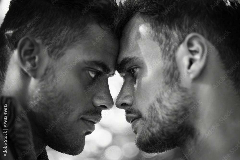 Black and white photo capturing a close and emotional moment between two men, depicting brotherly love and trust Black and white photo capturing a close and emotional moment between two men, depicting brotherly love and trust