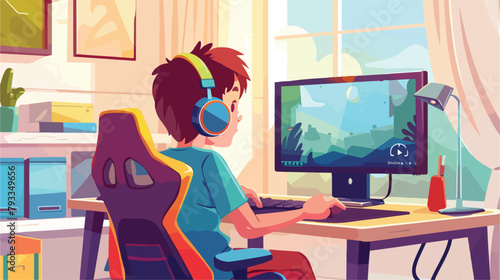 Boy playing computer game at home. Child player sitting