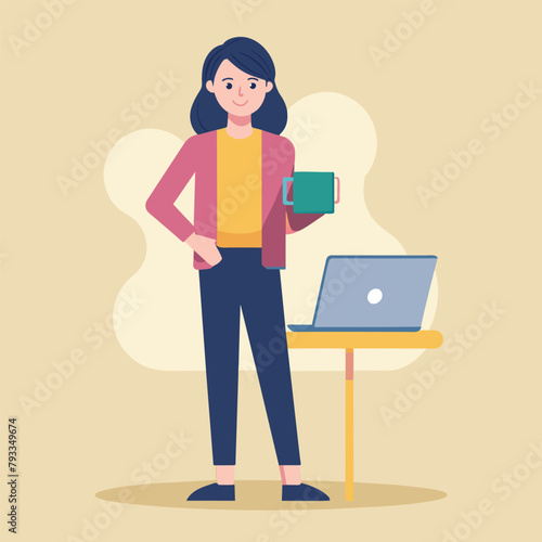 A woman standing with a laptop and coffee in front of her, working at a desk, Woman standing with laptop and coffee, Simple and minimalist flat Vector Illustration