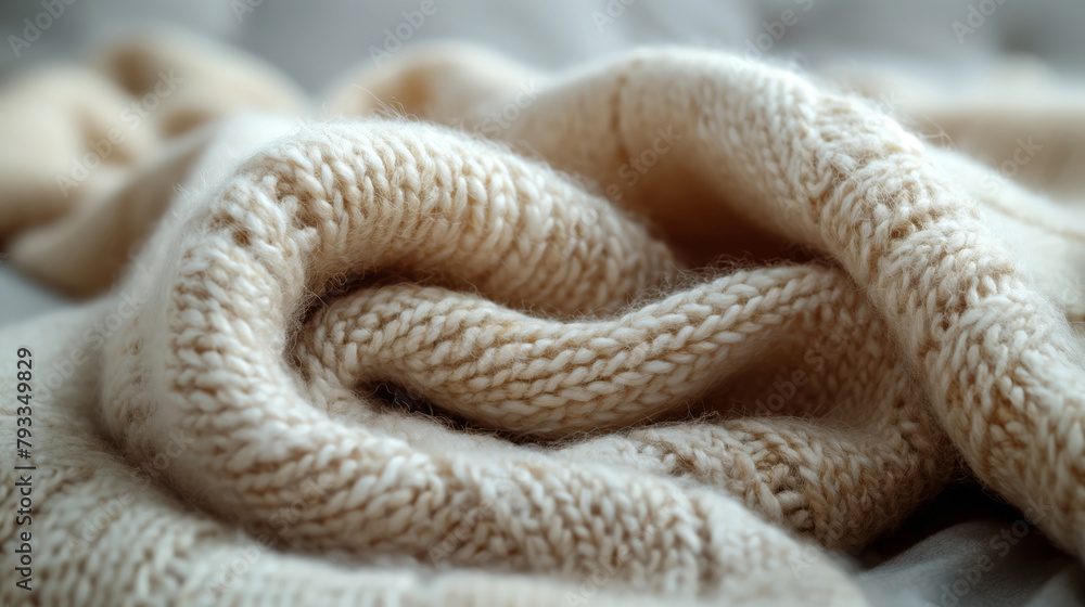 Fototapeta premium The Rich Texture Of A Knitted Wool Blanket Is Highlighted By The Caressing Natural Light
