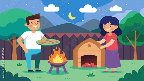 A woodfired pizza oven glowing in the backyard as a couple laugh and compete to see who can make the perfect pizza on their first cooking day.