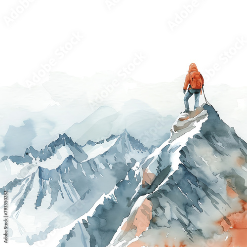 Minimalistic watercolor illustration of mountain climbing on a white background, cute and comical.