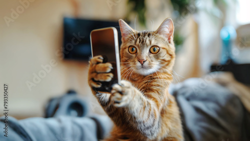 a cat lying in a bed and making a selfie with a cell phone