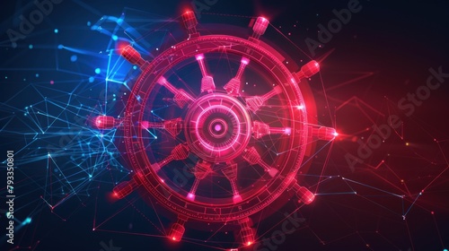 Ship's steering wheel from futuristic polygonal red lines and glowing stars for banner, poster, greeting card. Generated AI photo