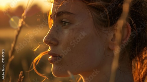 A young woman in a field at sunset, with sunlight highlighting her profile and freckles, looking pensive or serene.