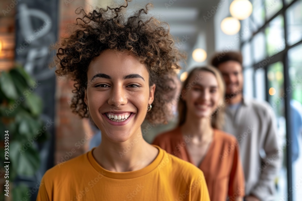 Portrait of beautiful young African American woman with Afro hairstyle smiling and looking at camera with her colleagues in background Portrait of beautiful young African American woman with Afro hairstyle smiling and looking at camera with her colleagues in background